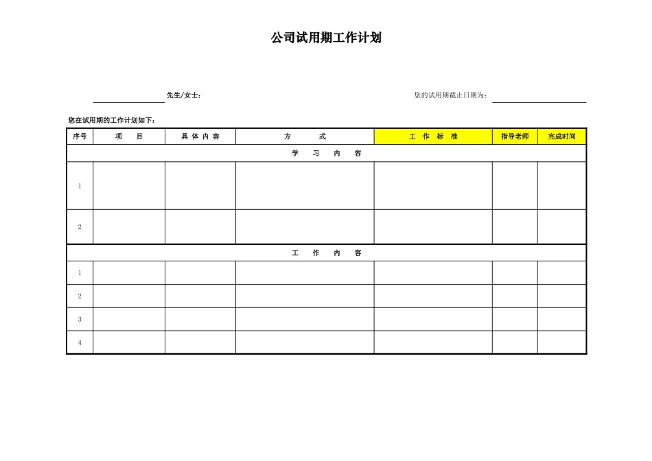 企业管理_人事管理制度_3-人事管理_0-试用期管理_0-1试用期管理-试用期工作计划_试用期工作计划表_第1页