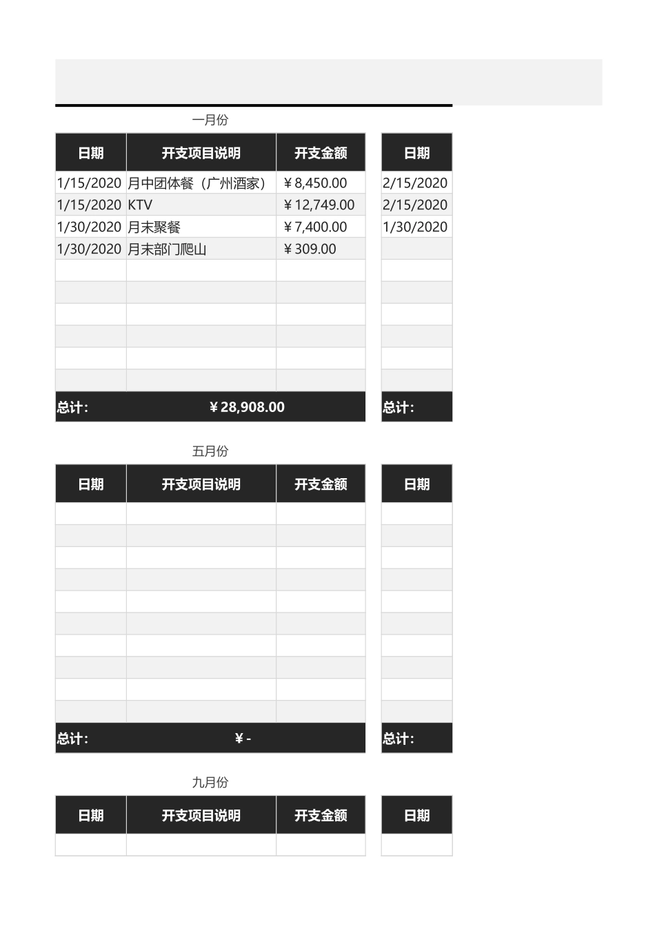 企业管理_行政管理制度_19-员工活动_1-员工团建_09-财务公司月度团建支出表_第1页