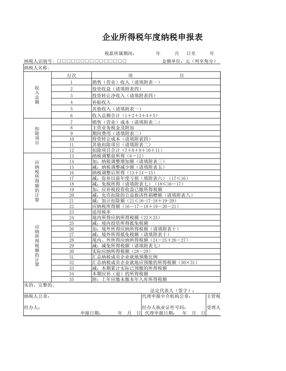 企业管理_财务管理制度_03-财务管理制度_16-财务常用表格_1 财务表格1_企业所得税年度纳税申报表_第1页