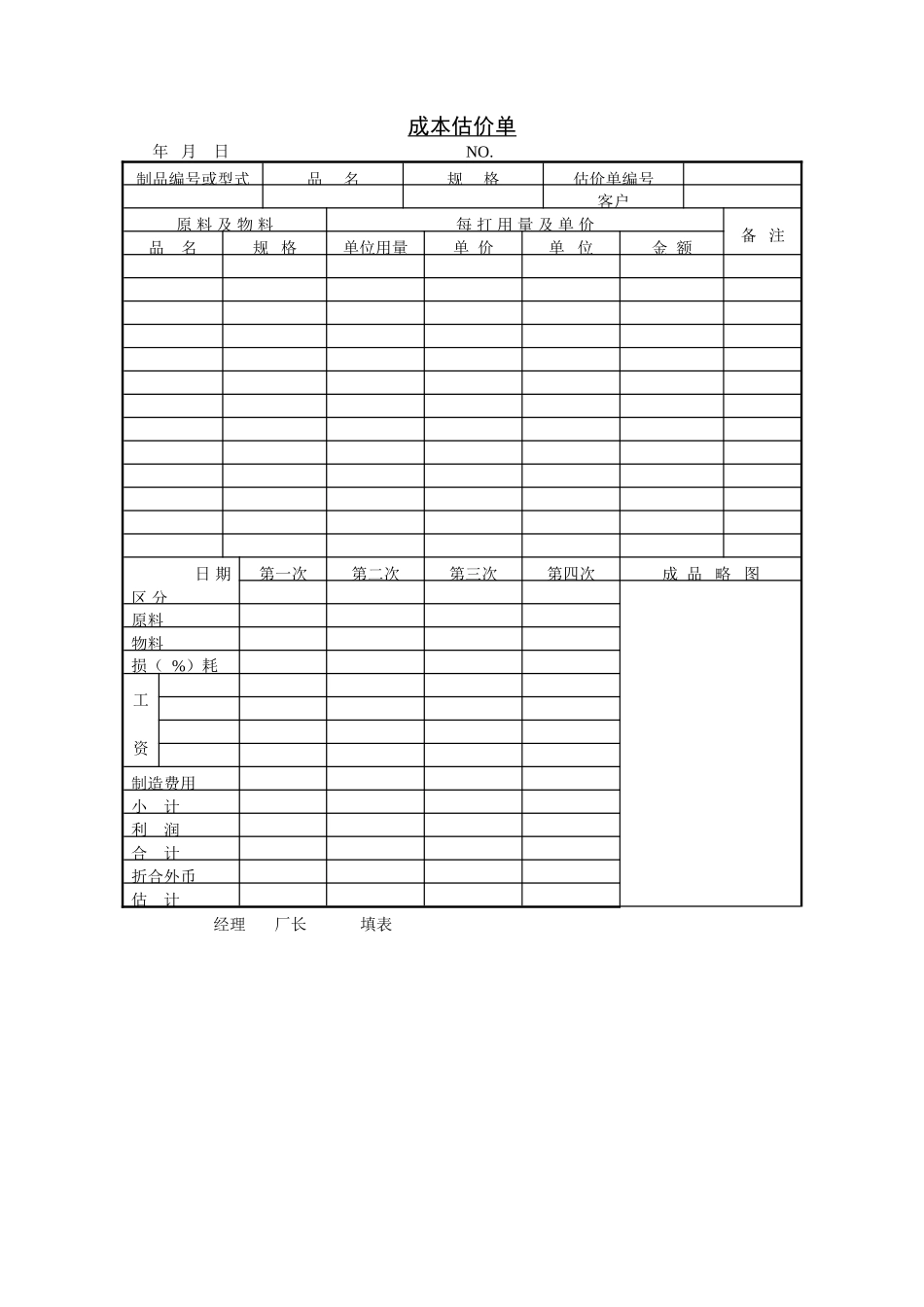 企业管理_企业管理制度_03-【行业案例】-公司管理制度行业案例大全的副本_管理表格_企业管理表格大全_《企业管理表格大全－市场管理篇》_价格评估_成本估价单.DOC_第1页