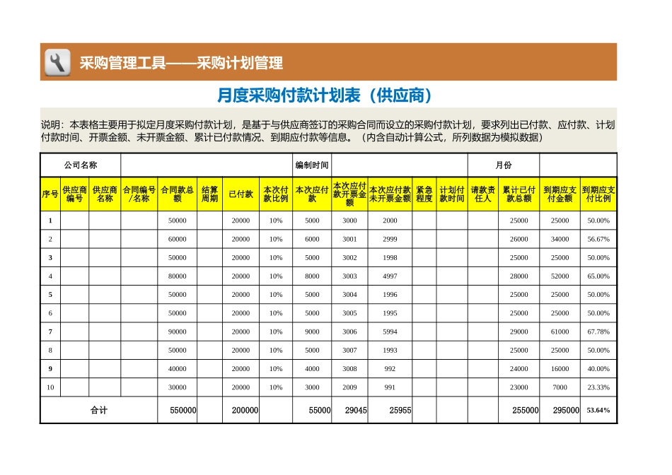 企业管理_采购管理制度_12-采购常用表格大全_14 月度采购付款计划表（供应商）_第1页