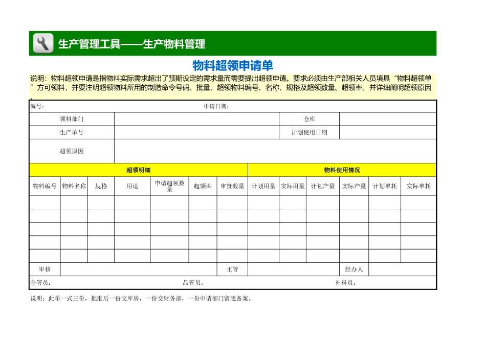 企业管理_生产管理_物料超领申请单_第1页