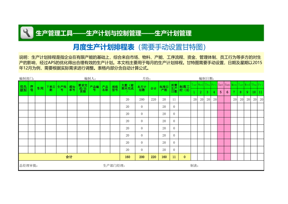 企业管理_生产_月度生产计划排程表（需要手动设置甘特图）_第1页