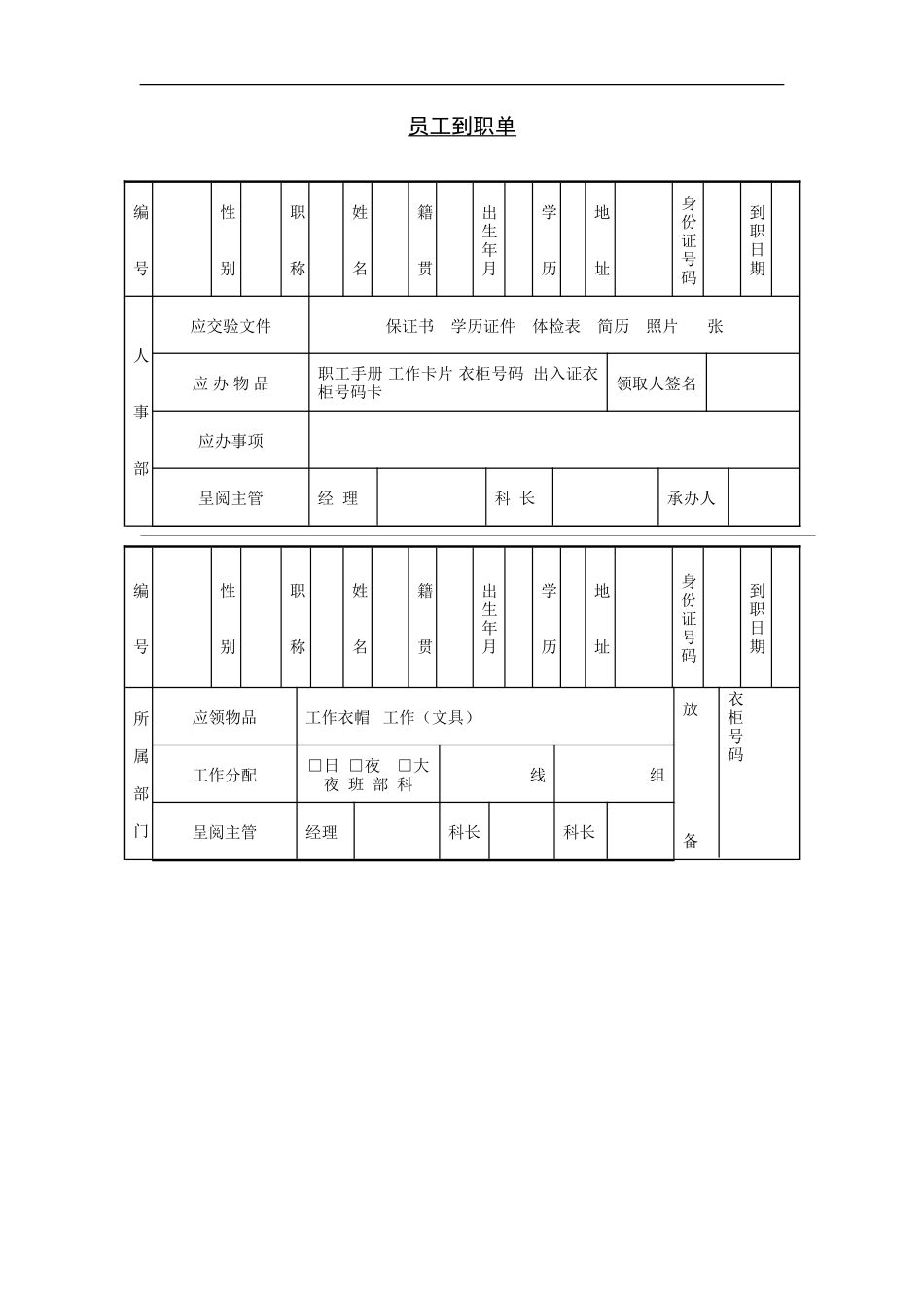 企业管理_人事管理制度_11-招聘制度_7-面试常用表格_员工到职单_第1页