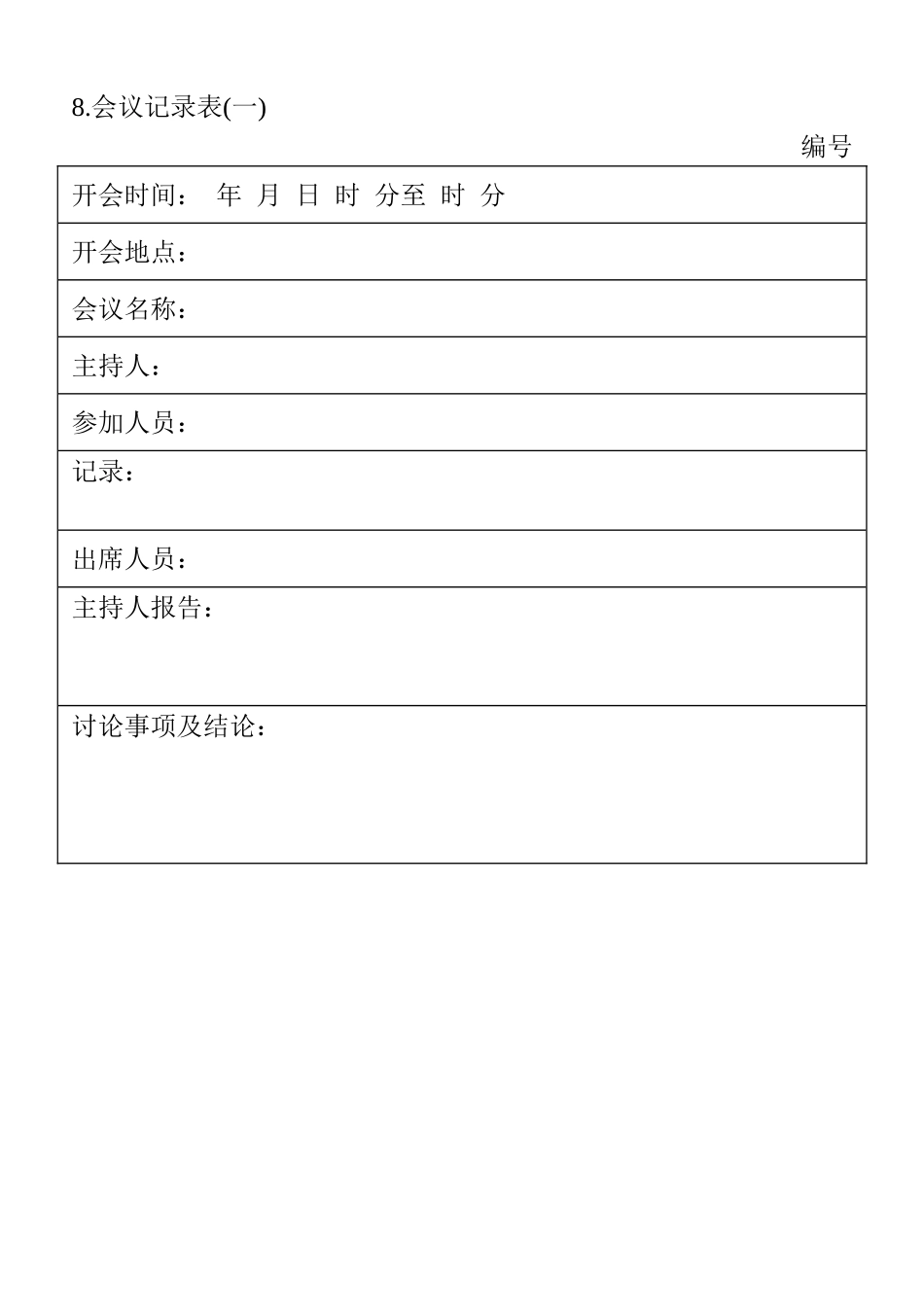 企业管理_行政管理制度_14-会议管理_2-会议管理表格_08.会议记录表(一)_第1页