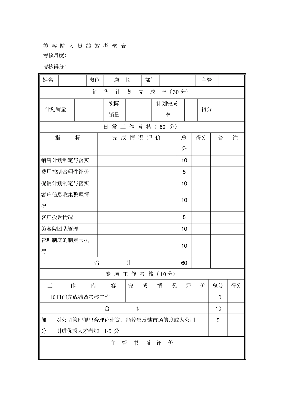 企业管理_人事管理制度_2-薪酬激励制度_0-薪酬管理制度_23-【行业分类】-美容院_简介美容院人员绩效考核表._第1页