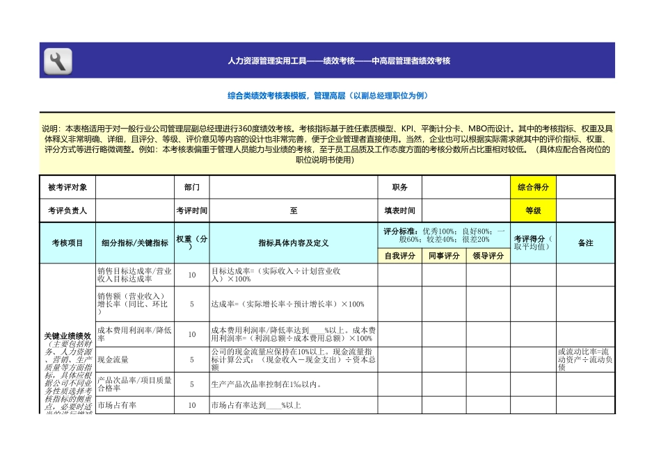 企业管理_人事管理制度_1-绩效考核制度_6-绩效考核表_高层管理人员绩效考核_综合类绩效考核表模板（管理高层） (2)_第1页