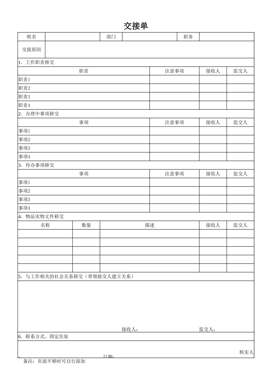 企业管理_人事管理制度_10-员工关怀_11-配套的工具表格_工作交接清单(可作为离职、调岗人员使用)_第1页