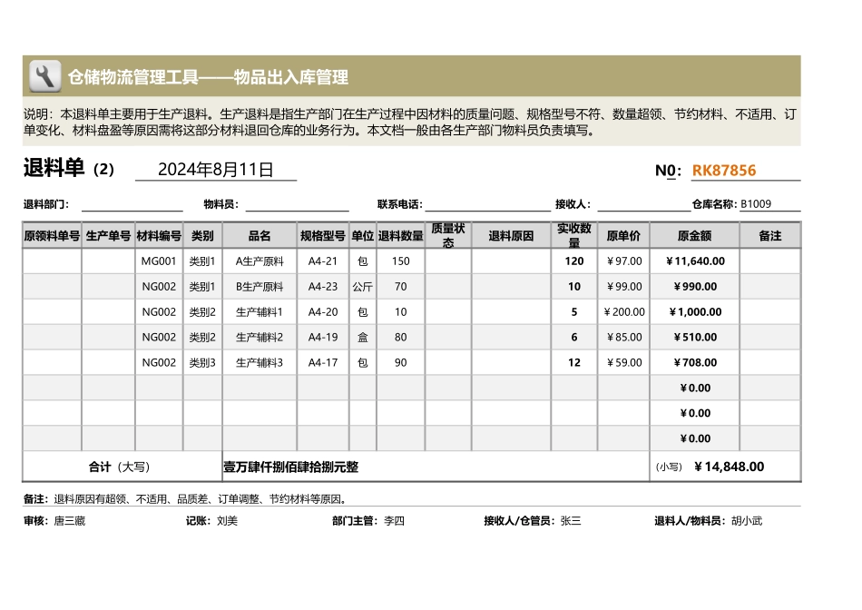 企业管理_出入库管理_退料单（内部）2_第1页