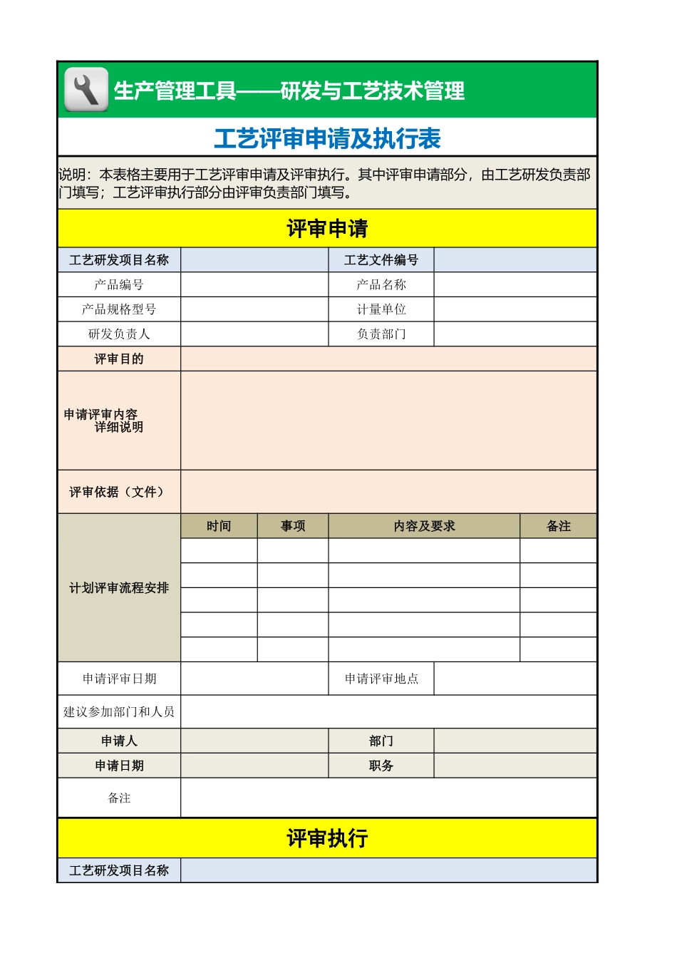 企业管理_生产管理_工艺评审申请及执行表_第1页