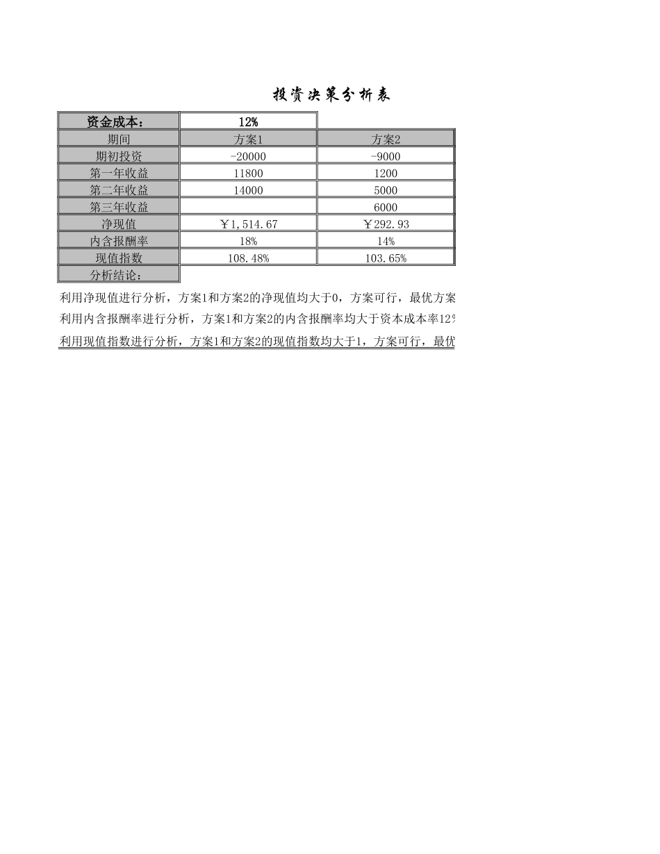 企业管理_财务管理制度_03-财务管理制度_16-财务常用表格_2 财务表格2_投资决策分析_第1页