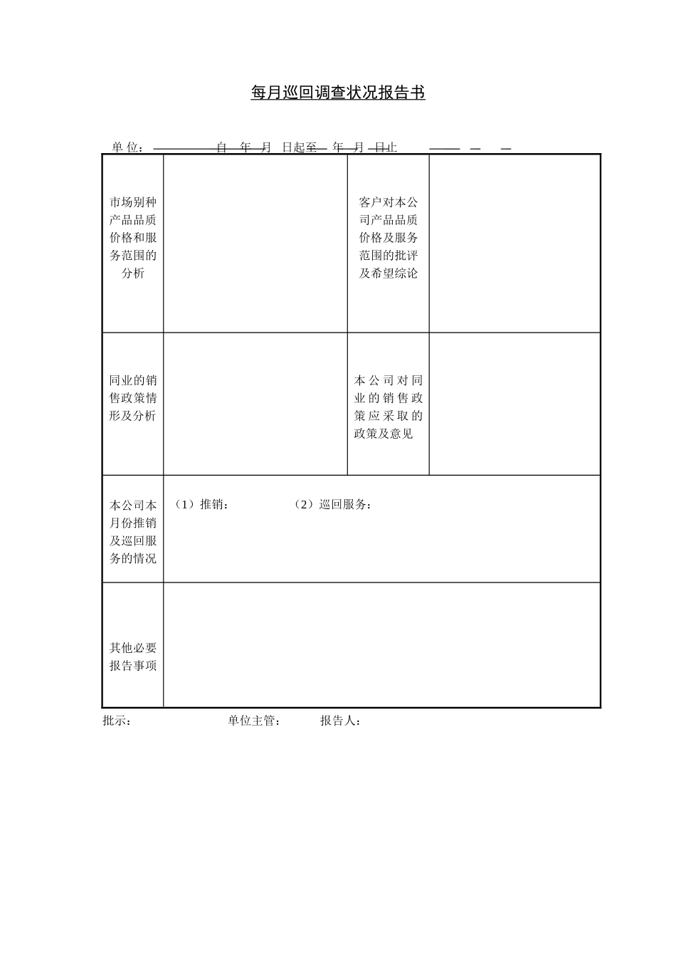 企业管理_企业管理制度_03-【行业案例】-公司管理制度行业案例大全的副本_管理表格_企业管理表格大全_《企业管理表格大全－市场管理篇》_市场分析_每月巡回调查状况报告书.DOC_第1页