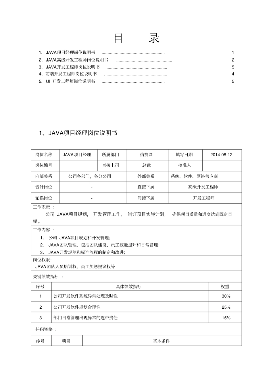 企业管理_人事管理制度_7-岗位职责书_03-互联网_JAVA研发团队岗位说明书_第1页