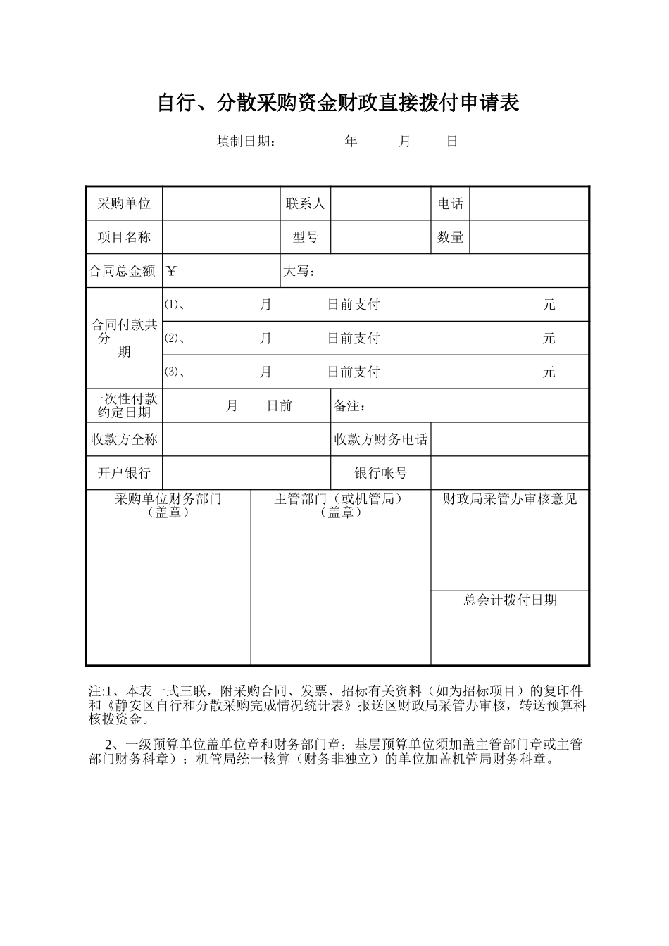 企业管理_采购管理制度_12-采购常用表格大全_343 区自行、分散采购资金财政直接拨付申请表_第1页