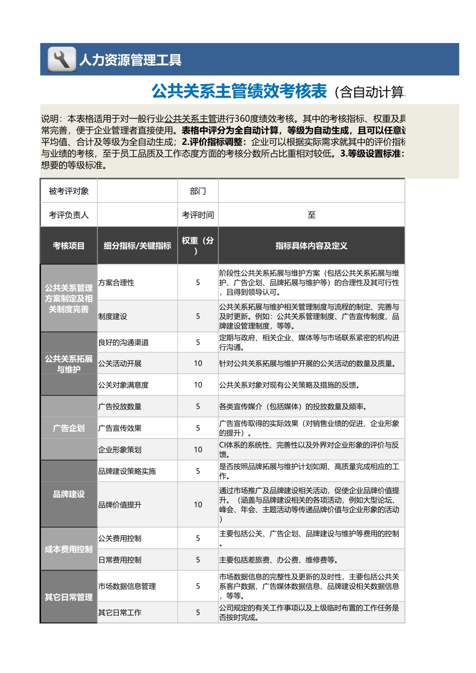 企业管理_绩效考核表_05-1-公共关系主管绩效考核表（含自动计算、等级评价）_第1页