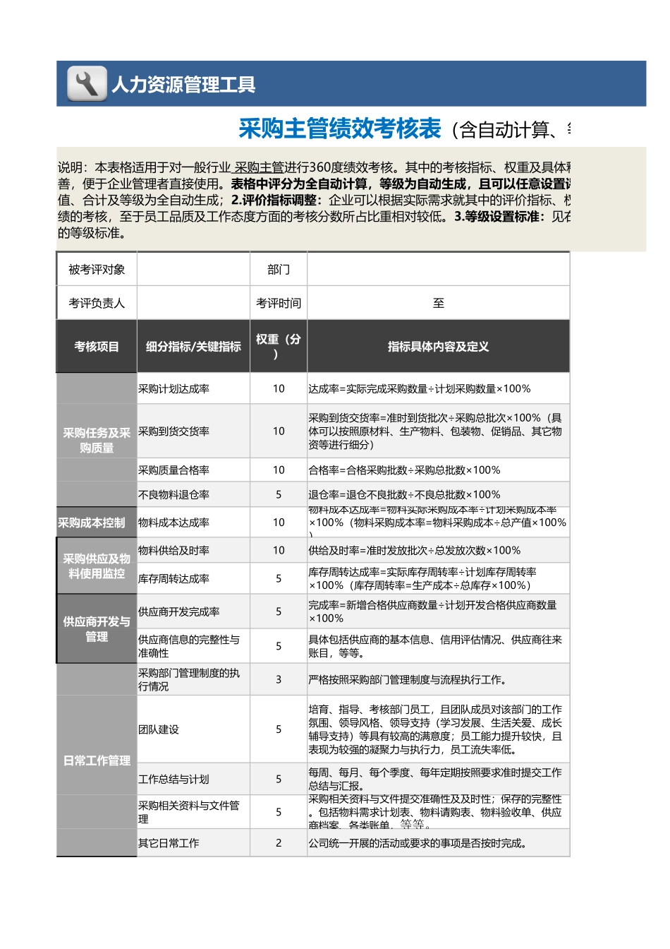 企业管理_绩效考核表_03-2-采购主管绩效考核表（含自动计算、等级评价）_第1页