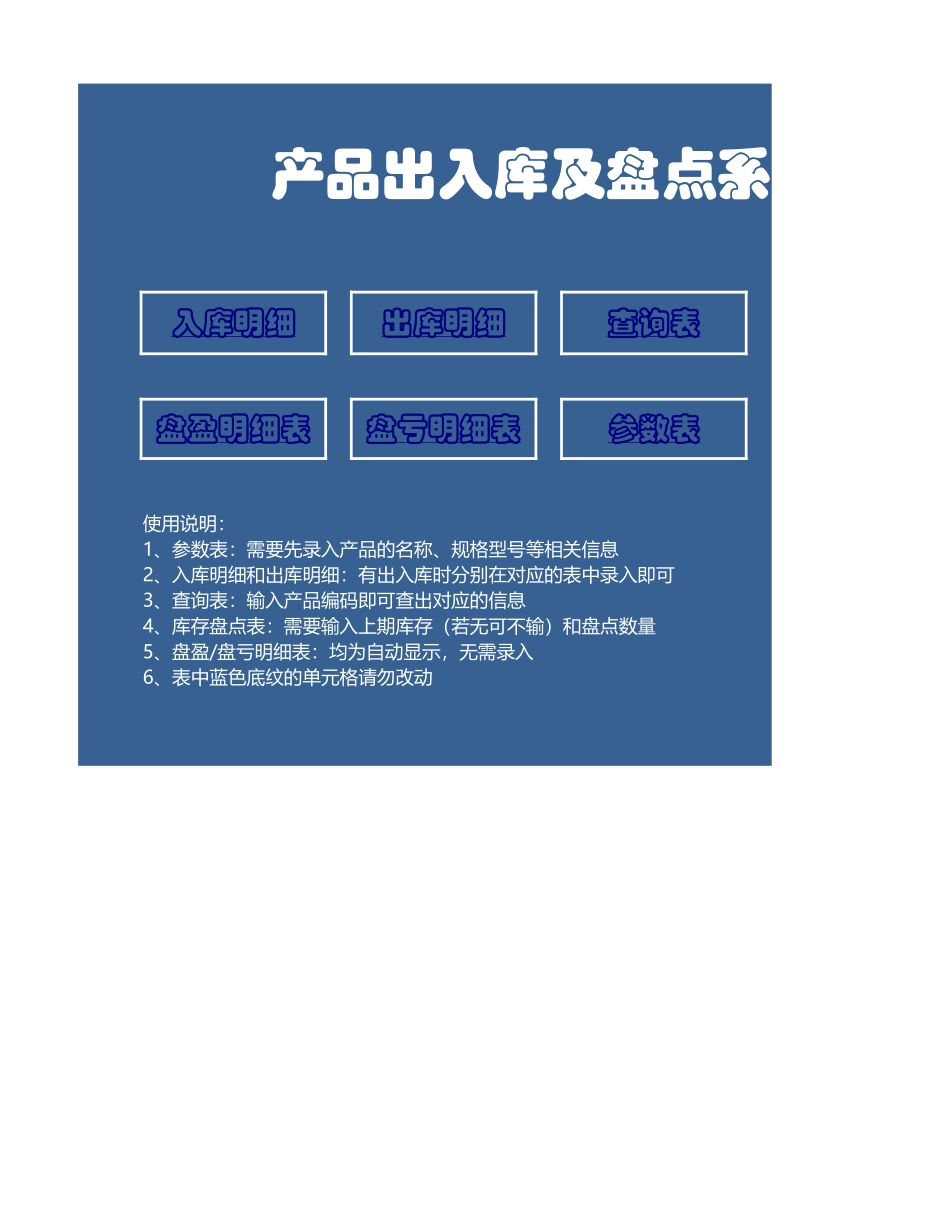 企业管理_销售管理制度_9-销售相关表格_产品出入库数据记录_产品出入库及盘点系统1_第1页