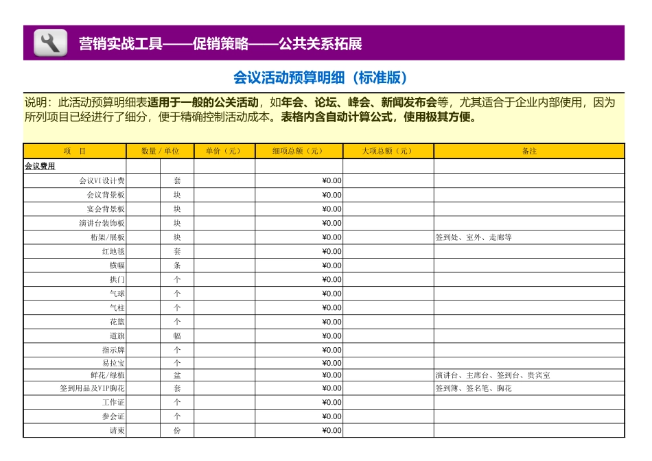 企业管理_销售管理制度_3-销售运营管理_营销预算_会议活动预算明细（标准版）_第1页