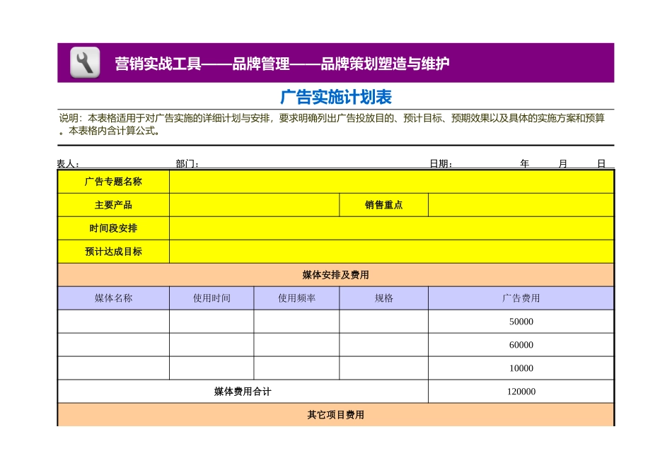 企业管理_销售管理制度_3-销售运营管理_品牌策划、塑造与维护_广告实施计划表_第1页