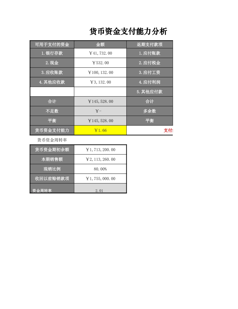 企业管理_财务管理制度_16-财务常用表格_1 财务表格1_货币资金支付能力分析表_第1页