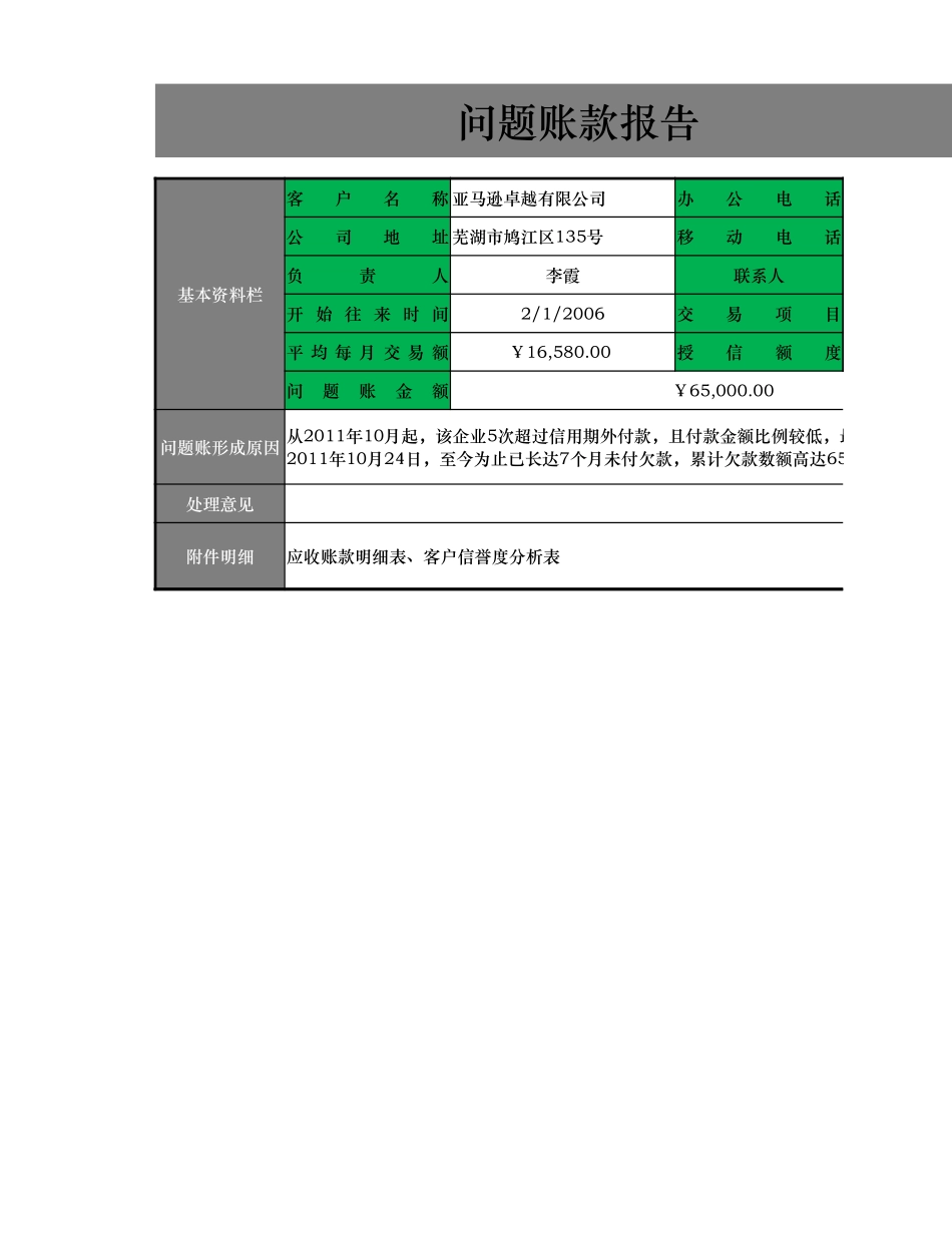 企业管理_财务管理制度_16-财务常用表格_16 应收账款管理_问题账款报告_第1页