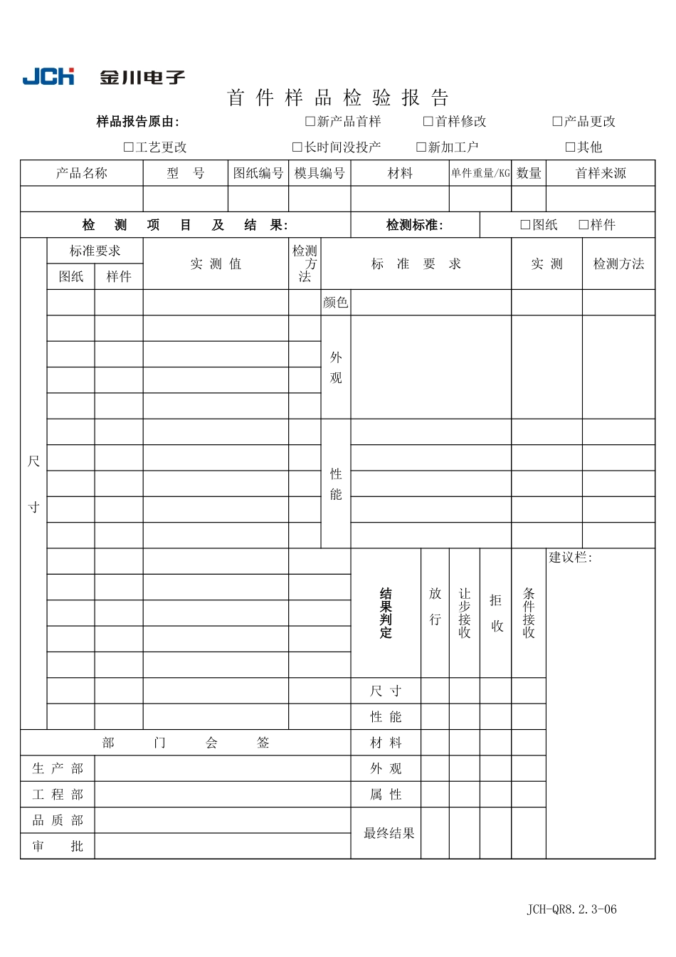 企业管理_质量管理体系（ISO9000标准制定）_QR8.2.3-06首件样品检验报告_第1页