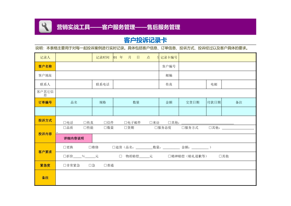 企业管理_销售管理制度_3-销售运营管理_售后服务管理_客户投诉记录卡_第1页