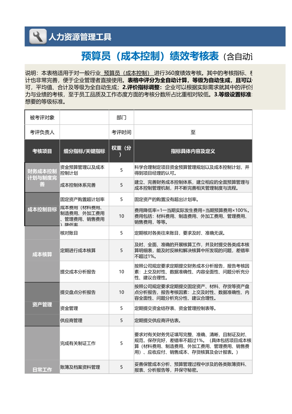 企业管理_绩效考核表_02-8-预算员（成本控制）绩效考核表（含自动计算与等级评价）_第1页