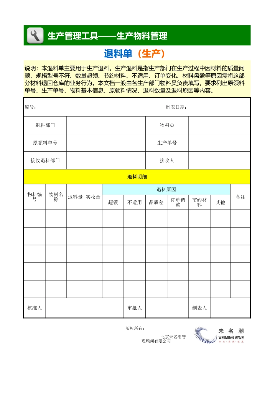 企业管理_生产_退料单（生产）_第1页