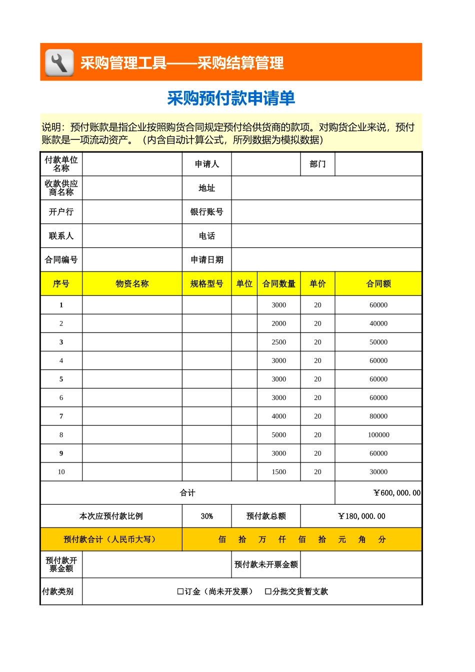 企业管理_采购管理_采购预付款申请单_第1页