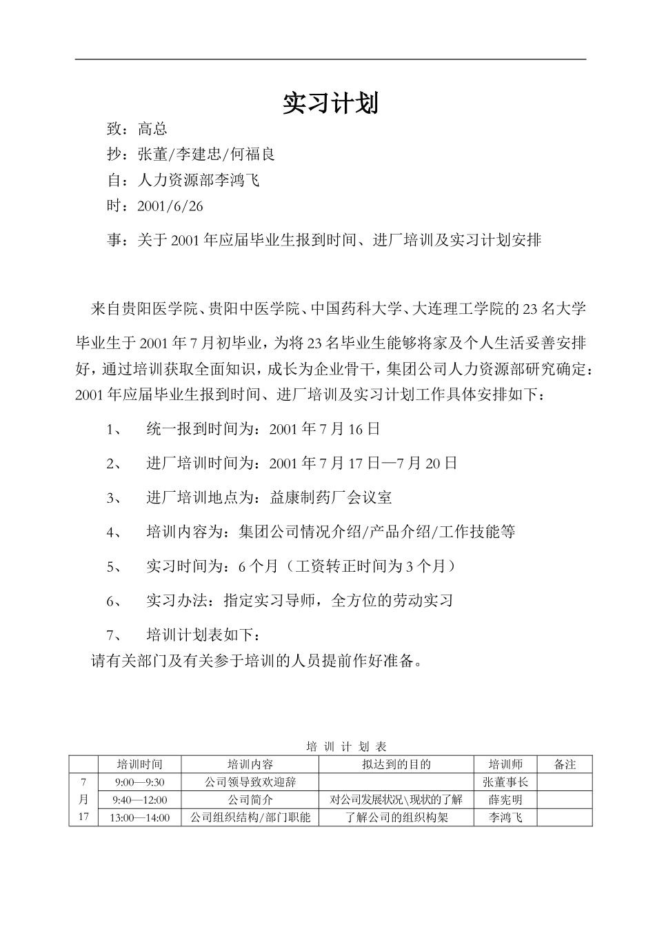 企业管理_人事管理制度_8-员工培训_1-名企实战案例包_14-华盈恒信—福建金辉房地产_华盈恒信—福建金辉房地产—例：2001年应届毕业生进厂培训、实习计划_第1页