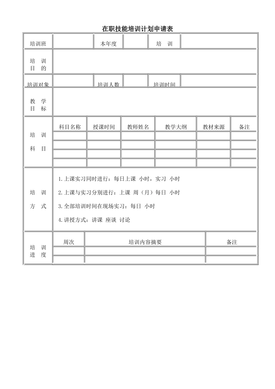 企业管理_人事管理制度_18-HR工具与表格包_( 6 )人力资源管理表格之员工培训_在职技能培训计划申请表_第1页