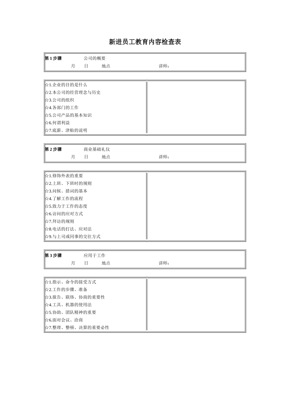 企业管理_人事管理制度_8-员工培训_6-培训工具模版_培训类实用表格_新进员工教育内容检查表_第1页