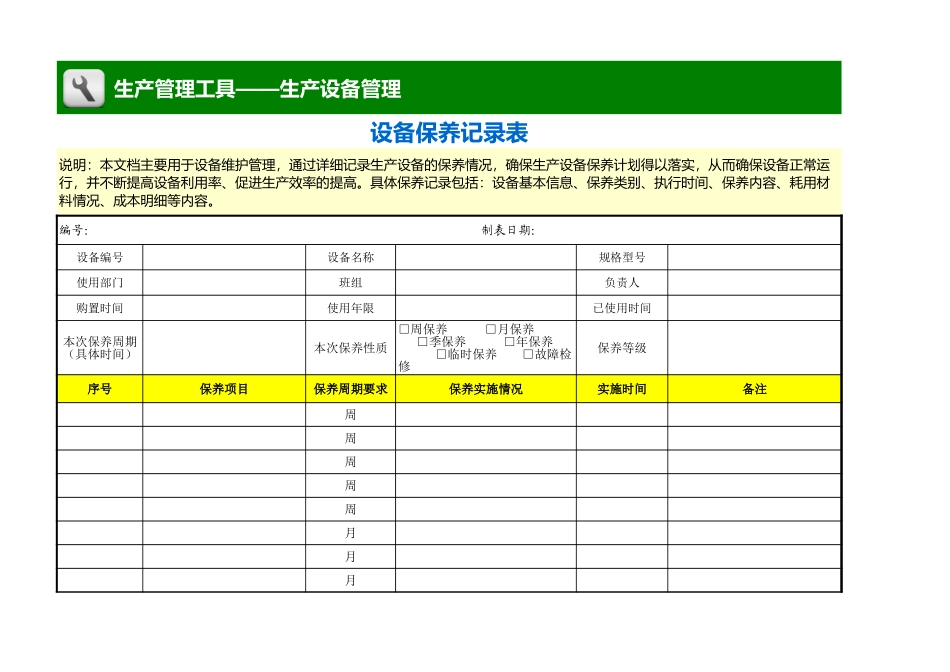 企业管理_生产管理_设备保养记录表 _第1页