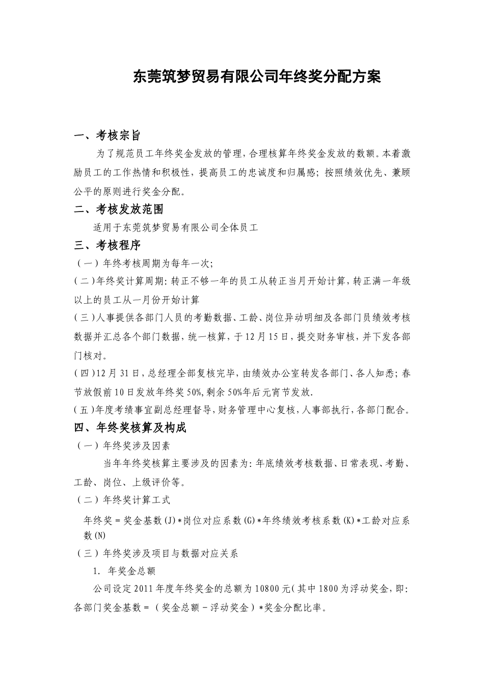 企业管理_人事管理制度_12-年终奖管理_7-年终奖之各行业示例_【零售批发】贸易公司年终奖分配方案_第1页