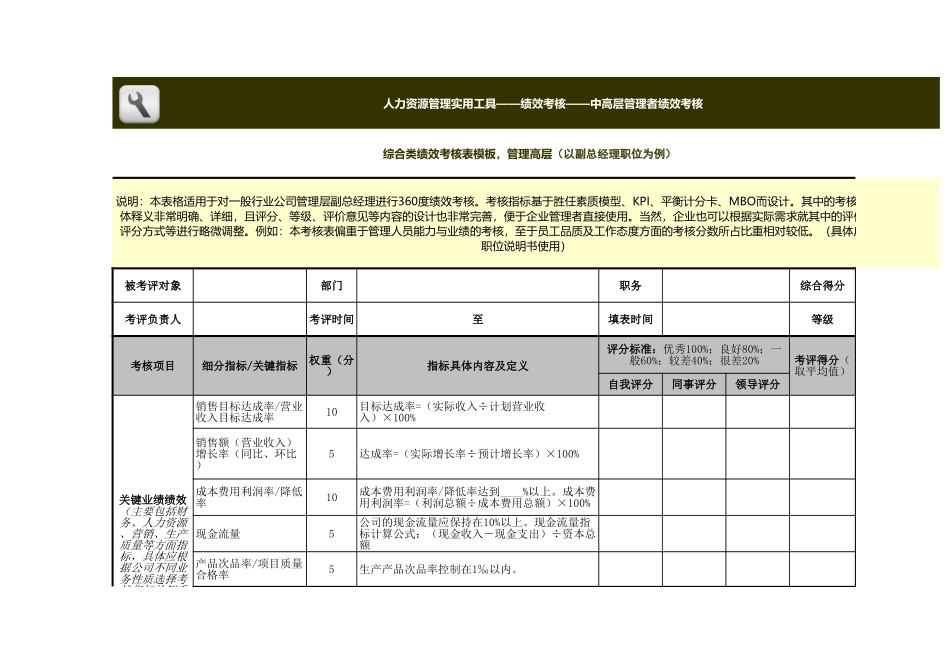 企业管理_人事管理制度_1-绩效考核制度_6-绩效考核表_高层管理人员绩效考核_综合类绩效考核表模板（管理高层）_第1页