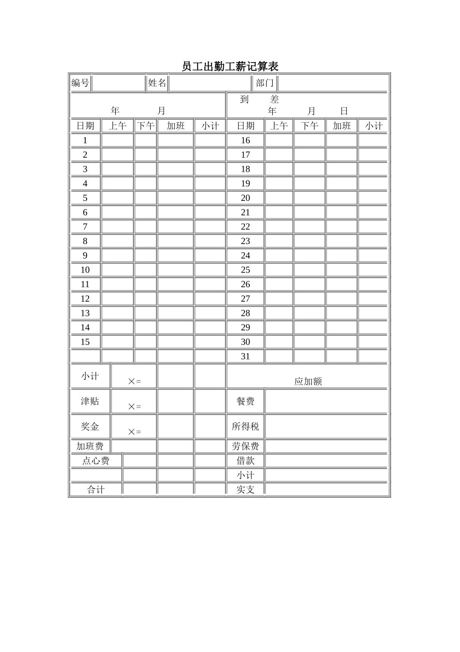 企业管理_人事管理制度_18-HR工具与表格包_( 2 )人力资源管理表格之薪酬管理_员工出勤工薪记算表_第1页