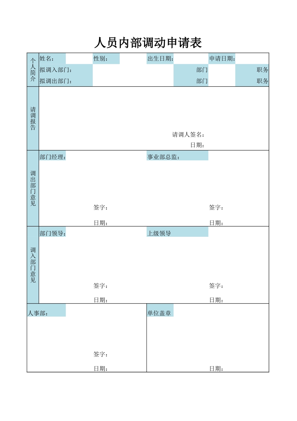 企业管理_人事管理制度_3-人事管理_6-员工调动_6-1员工调动-调动申请_人员内部调动申请表_第1页