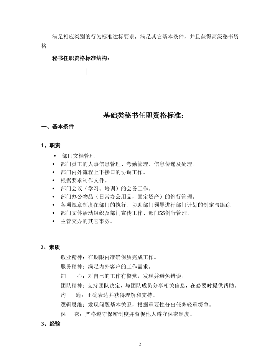 企业管理_人事管理制度_13-胜任力与任职资格_6-任职资格与胜任力实例_1、华为任职资格_评定标准_华为公司秘书任职标准（新增2）_第2页