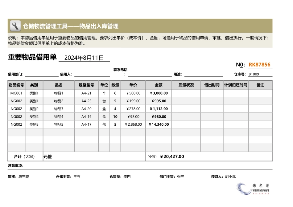 企业管理_出入库管理_重要物品借用单（含金额，内部）_第1页