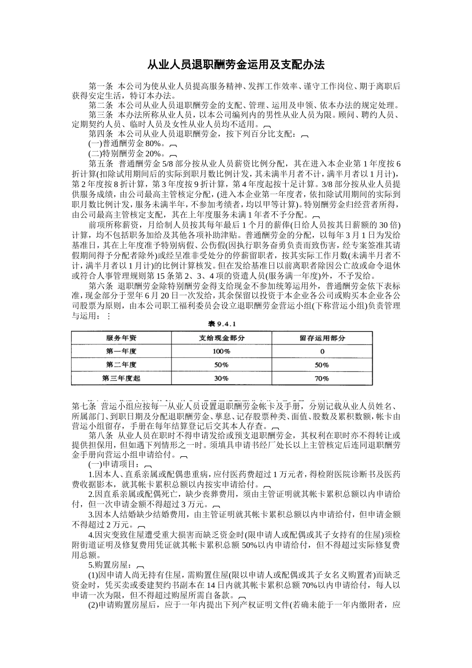 企业管理_行政管理制度_23-行政管理制度汇编_03勤务管理_员工福利管理系统_员工退职、储蓄福利制度_从业人员退职酬劳金运用及支配办法_第1页