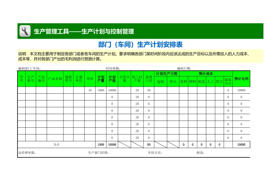 企业管理_生产管理_部门（车间）生产计划安排表_第1页