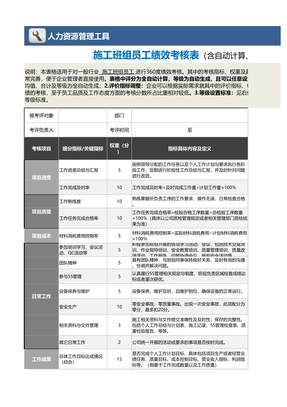 企业管理_绩效考核表_08-4-施工班组员工绩效考核表（含自动计算与等级评价）_第1页