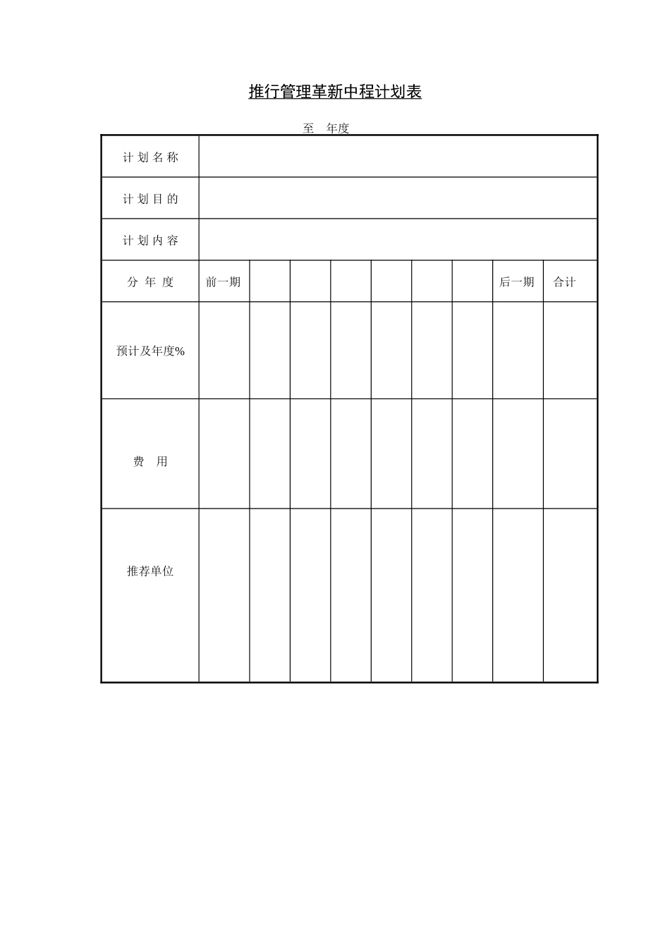 企业管理_企业管理制度_03-【行业案例】-公司管理制度行业案例大全的副本_管理表格_企业管理表格大全_《企业管理表格大全－市场管理篇》_市场分析_推行管理革新中程计划表.DOC_第1页