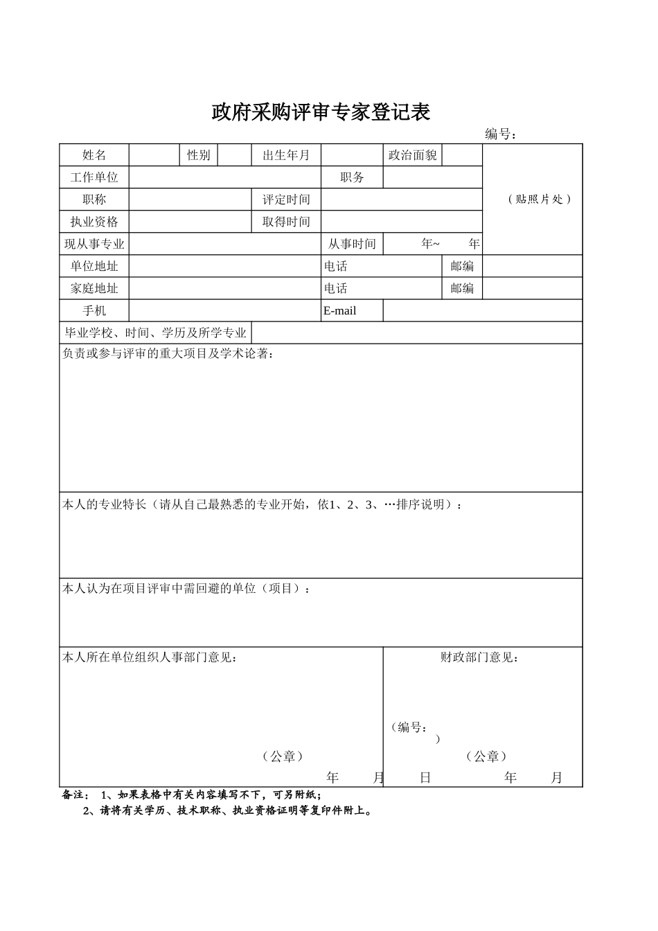 企业管理_采购管理制度_12-采购常用表格大全_9 政府采购评审专家登记表_第1页