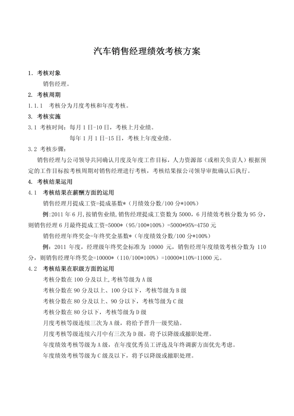 企业管理_人事管理制度_2-薪酬激励制度_0-薪酬管理制度_28-【行业分类】-汽车_汽车销售经理绩效考核方案_第1页