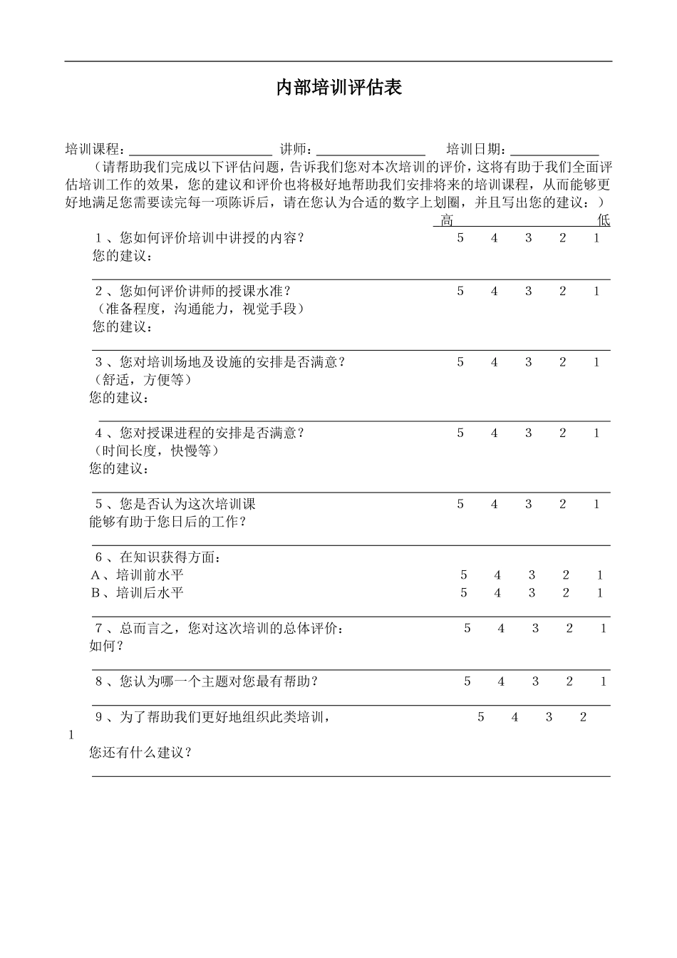 企业管理_人事管理制度_8-员工培训_8-培训管理手册_内部培训评估表7.7_第1页