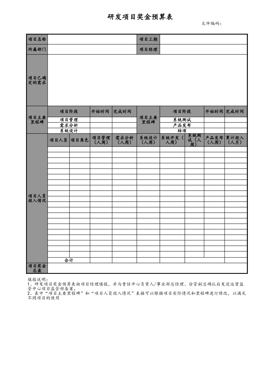 企业管理_研发管理制度_15-研发项目考核评价_07-研发项目奖金预算表_第1页