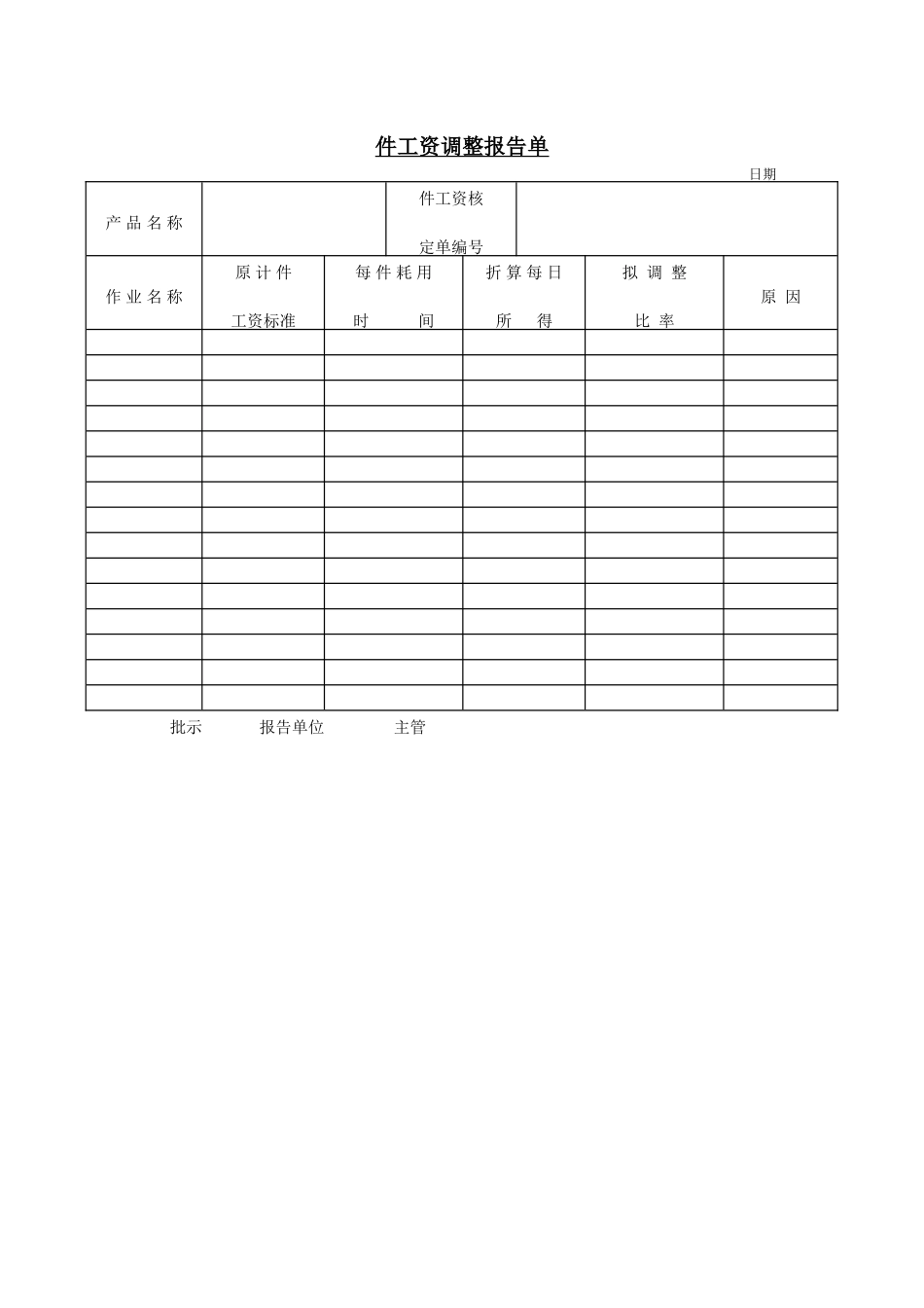 企业管理_企业管理制度_03-【行业案例】-公司管理制度行业案例大全的副本_管理表格_企业管理表格大全_《企业管理表格大全－生产管理篇》_工作量分析_件工资调整报告单_第1页