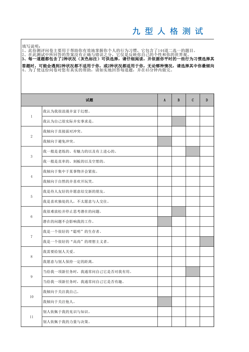 企业管理_人事管理制度_14-人才评估及管理制度_2-心理测试合集_4.九型人格测试礼包_5.九型人格测试--144题自动生成结果版_第1页